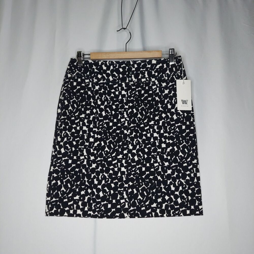 Worth‎ Mini Skirt 6 Black White Cotton Stretch Geometric Straight Pocket Button